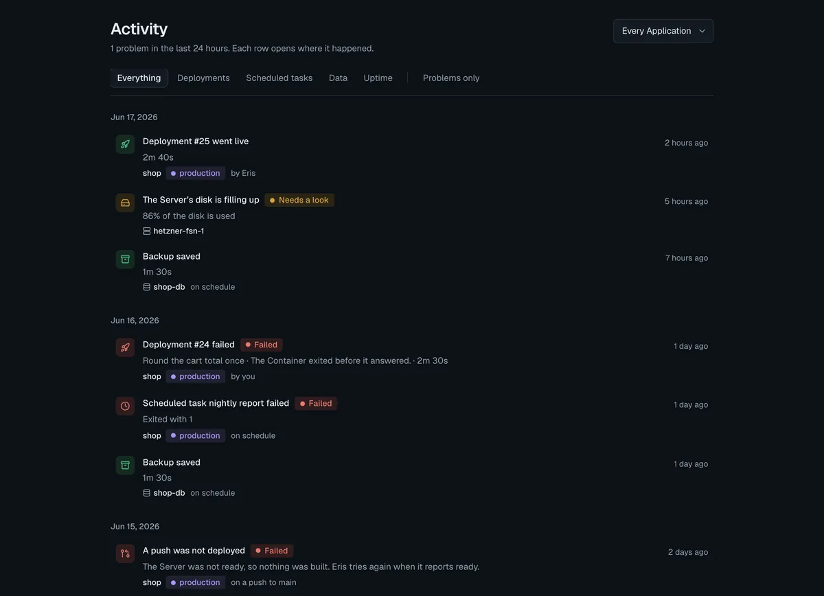 Activity in the Dashboard: a deploy that went live, a disk filling up, nightly backups, a failed deploy and a failed scheduled task