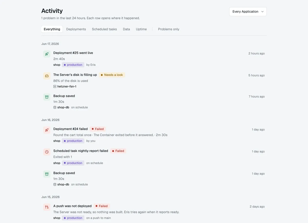 Activity in the Dashboard: a deploy that went live, a disk filling up, nightly backups, a failed deploy and a failed scheduled task