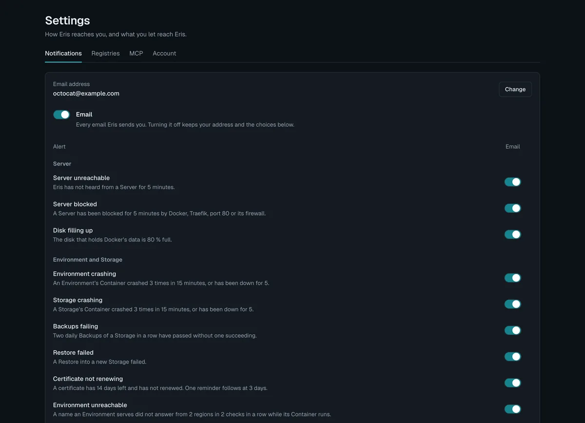 Notifications in the Dashboard: the email address, a switch for every email, and one per alert