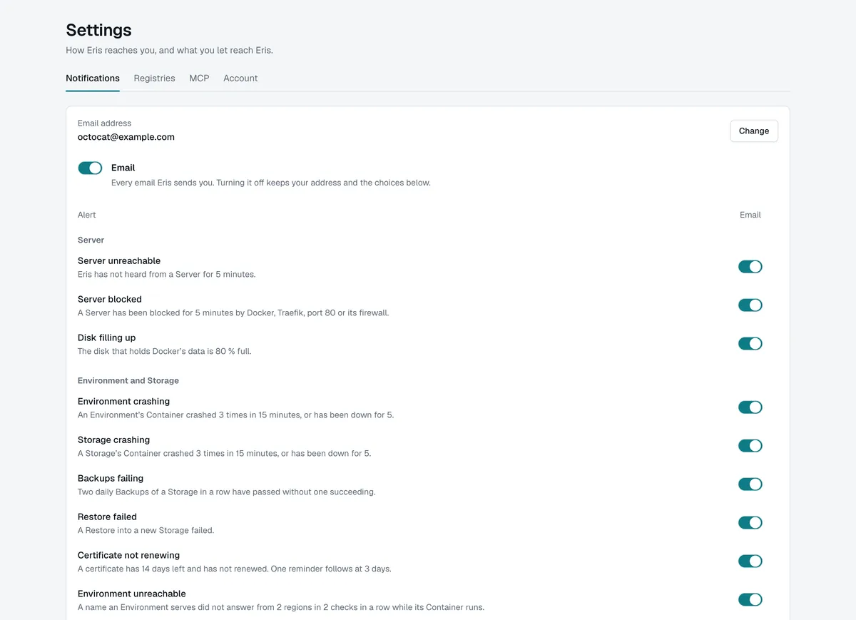 Notifications in the Dashboard: the email address, a switch for every email, and one per alert
