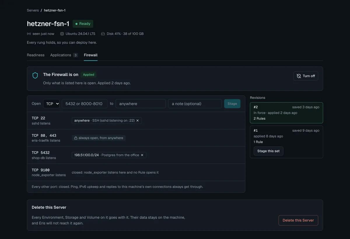 A server's firewall in the Dashboard: each listening port, the rule that opens it, and past revisions