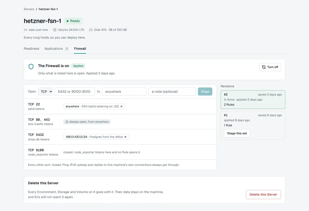 A server's firewall in the Dashboard: each listening port, the rule that opens it, and past revisions