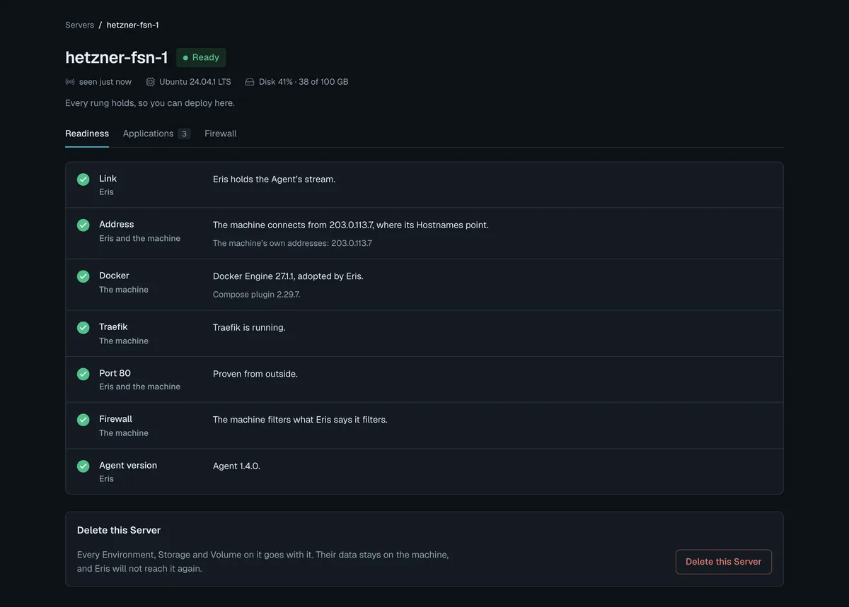 A server in the Dashboard: the Linux it runs and every check it passed, from its link to Eris to its firewall