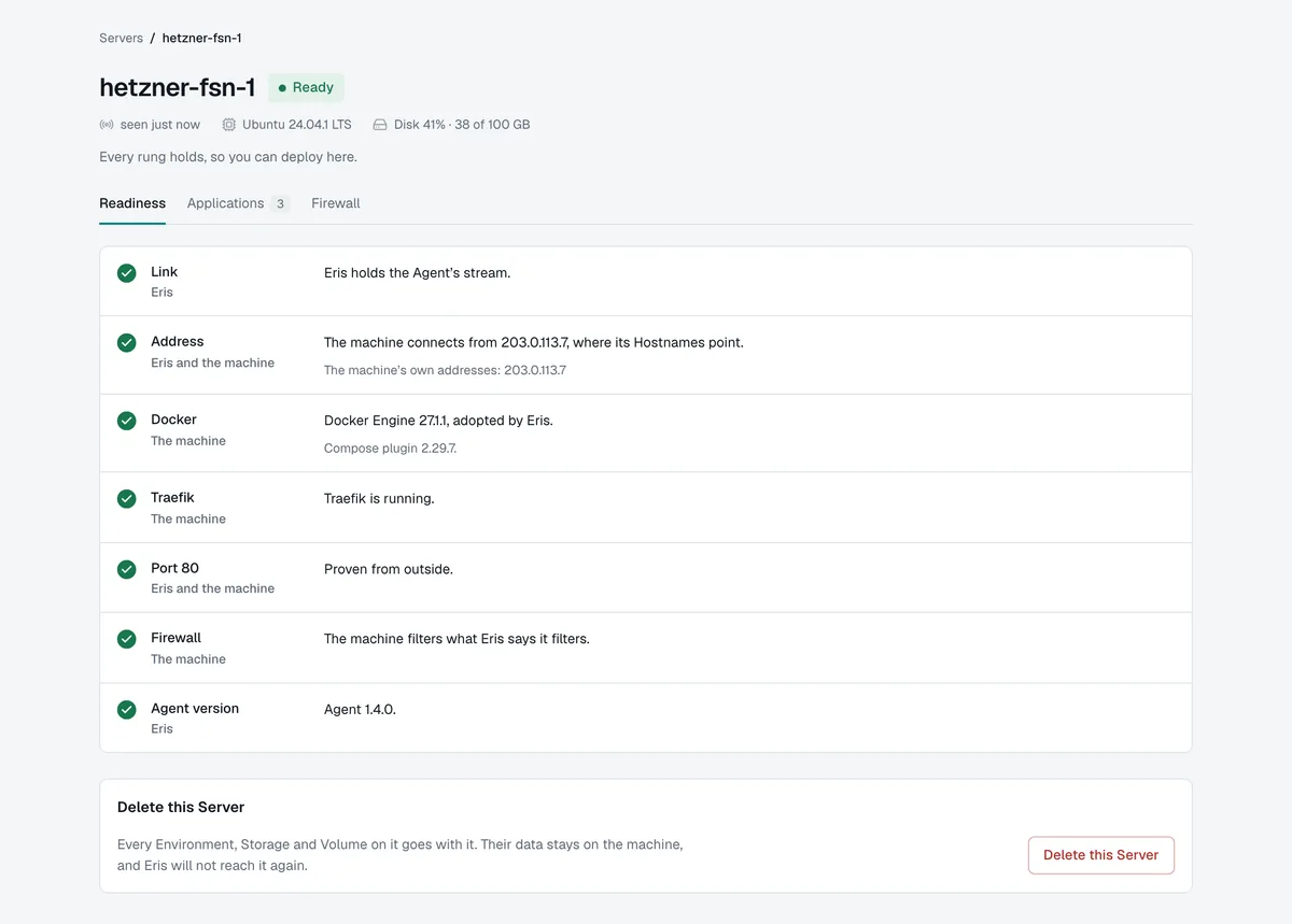 A server in the Dashboard: the Linux it runs and every check it passed, from its link to Eris to its firewall