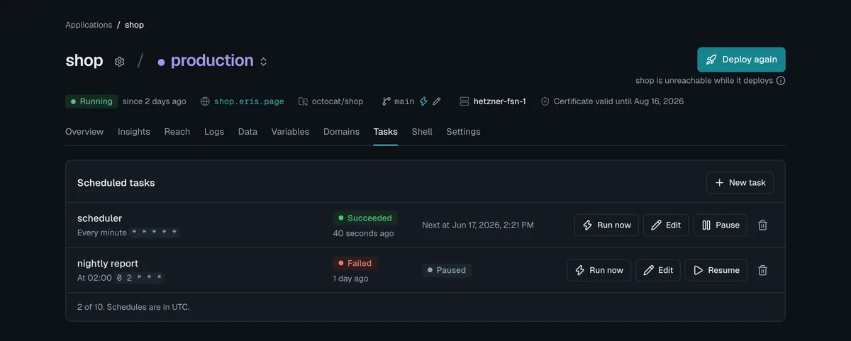 An app's scheduled tasks: a scheduler every minute that just succeeded, and a nightly report that failed and is paused