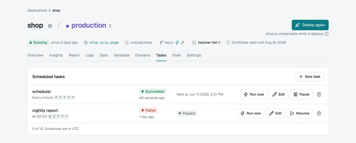 An app's scheduled tasks: a scheduler every minute that just succeeded, and a nightly report that failed and is paused